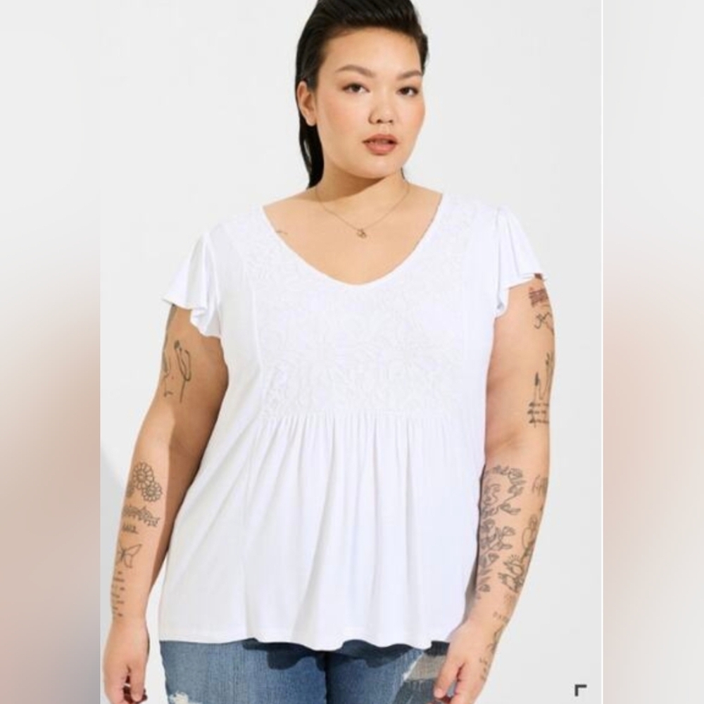 Torrid Super Soft Knits White Babydoll Short Flutter Sleeve Top 1X 14 16